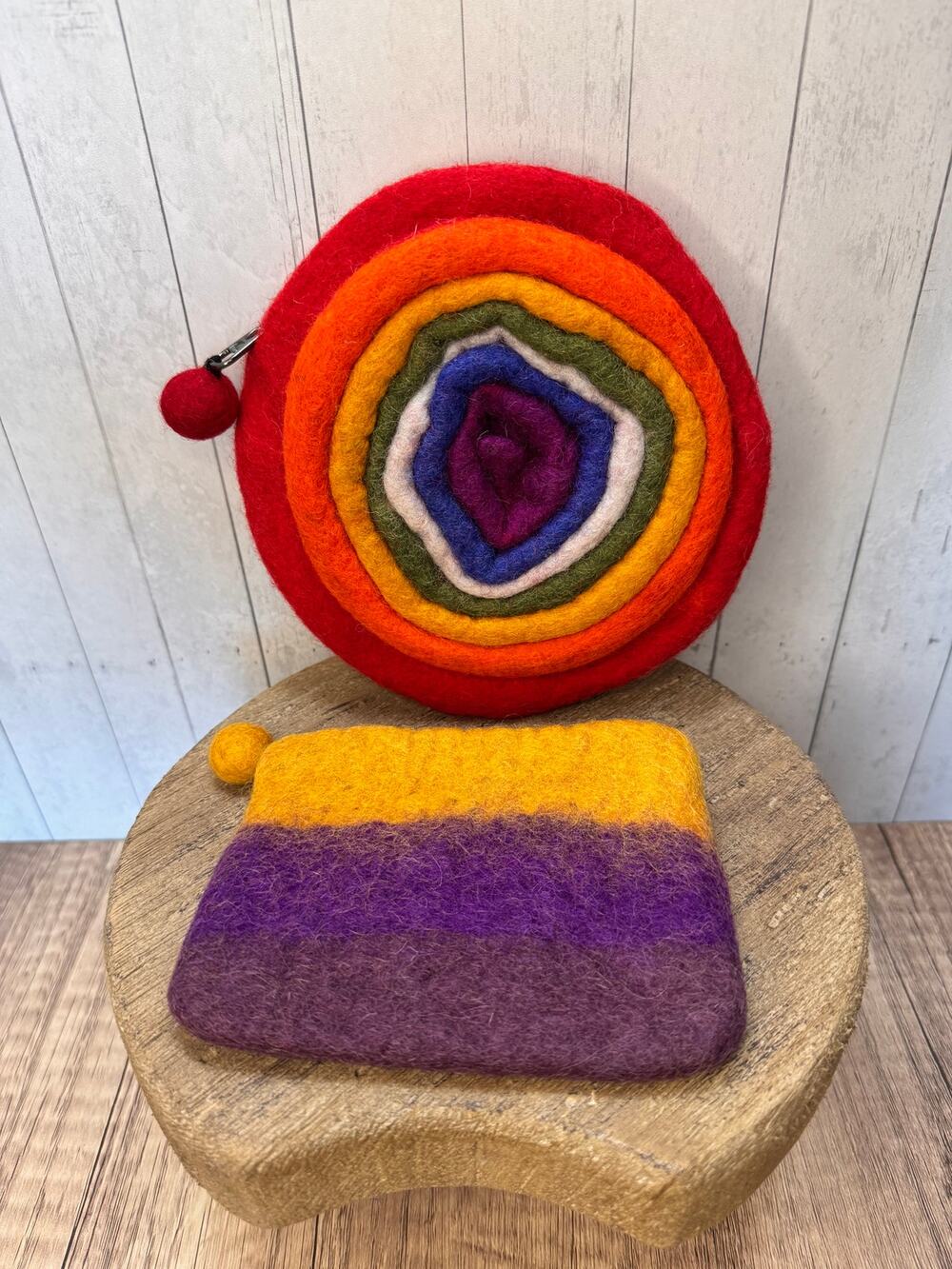 Set of 2 Felted Wool Colorful Pouches Round Rainbow Purple Yellow NEW!